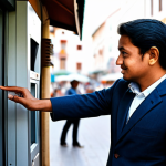 A professional individual, fully clothed in modest business casual attire, successfully withdrawing cash from a modern ATM on a well-lit, bustling city street in a foreign country. The background features blurred, family-friendly local market stalls and charming architectural details. The person displays perfect anatomy, correct proportions, a natural pose, well-formed hands, and proper finger count. Professional photography, high quality, safe for work, appropriate content.