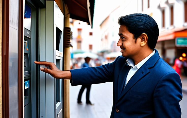 A professional individual, fully clothed in modest business casual attire, successfully withdrawing cash from a modern ATM on a well-lit, bustling city street in a foreign country. The background features blurred, family-friendly local market stalls and charming architectural details. The person displays perfect anatomy, correct proportions, a natural pose, well-formed hands, and proper finger count. Professional photography, high quality, safe for work, appropriate content.